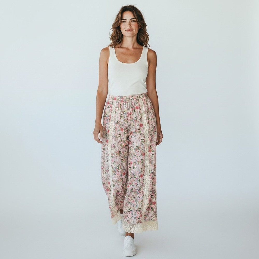 Natural Life Floral Wide Leg Lace Trim Boho Pants Pink XL